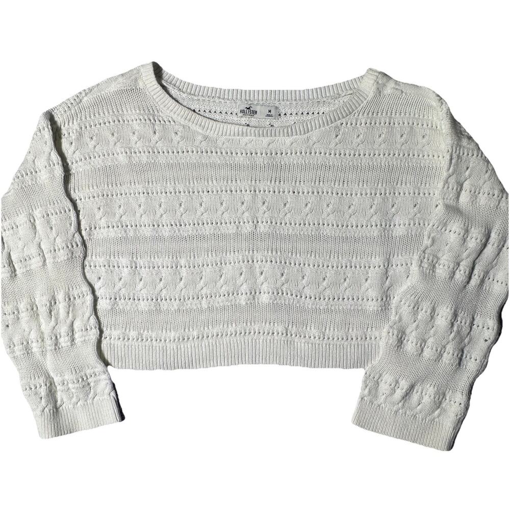 Hollister Womens White Eyelet Crochet Boxy Knit Cable Sweater Size M EUC